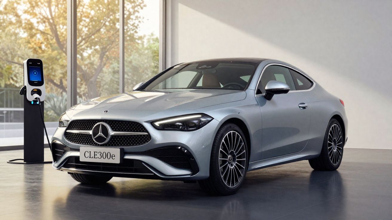 Carro Mercedes-Benz CLE300e cinzento a carregar numa estação de carregamento elétrica interior.