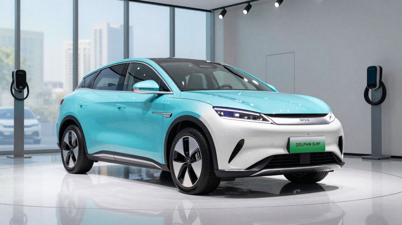 Carro elétrico azul turquesa e branco em exposição numa sala moderna com carregadores ao fundo.