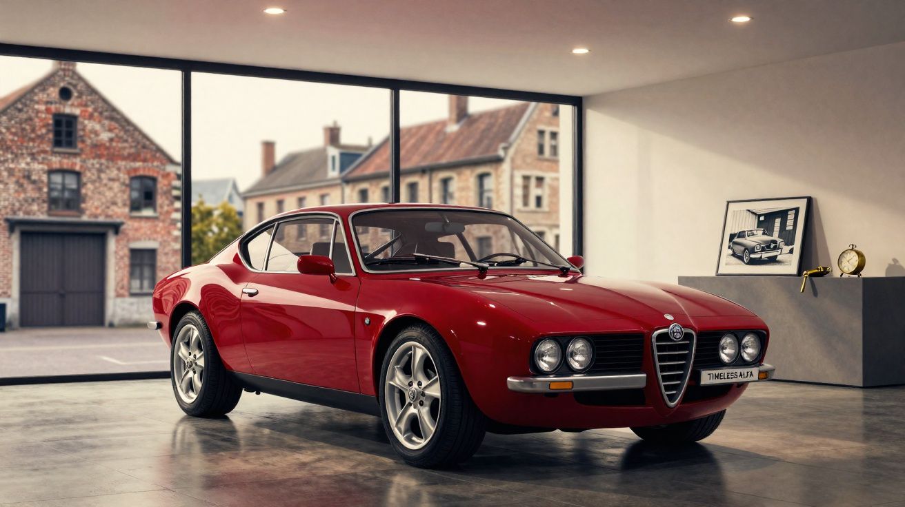 Carro clássico Alfa Romeo vermelho estacionado num espaço interior com janelas panorâmicas.