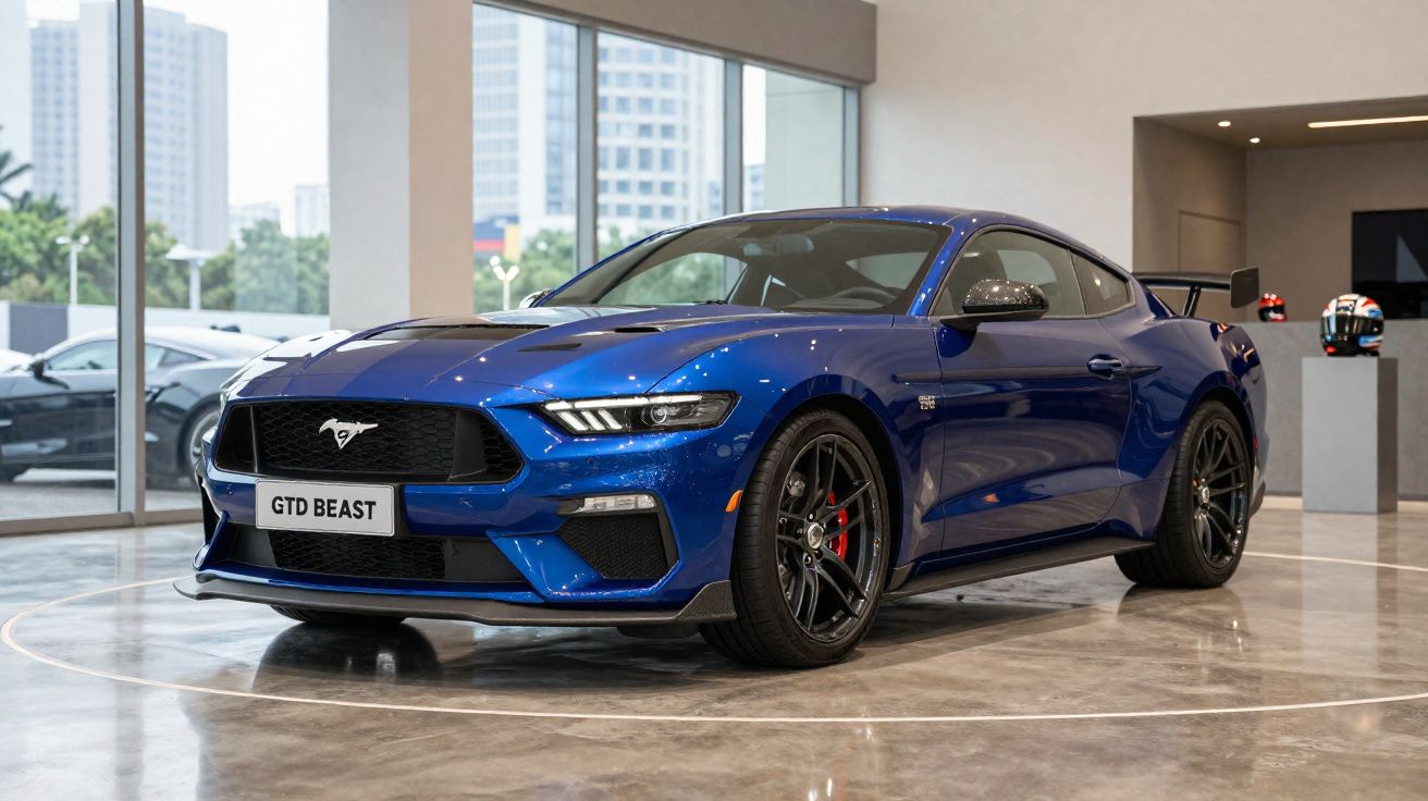 Carro desportivo azul metálico Ford Mustang GTD Beast em exposição interior com jantes pretas e spoiler traseiro.