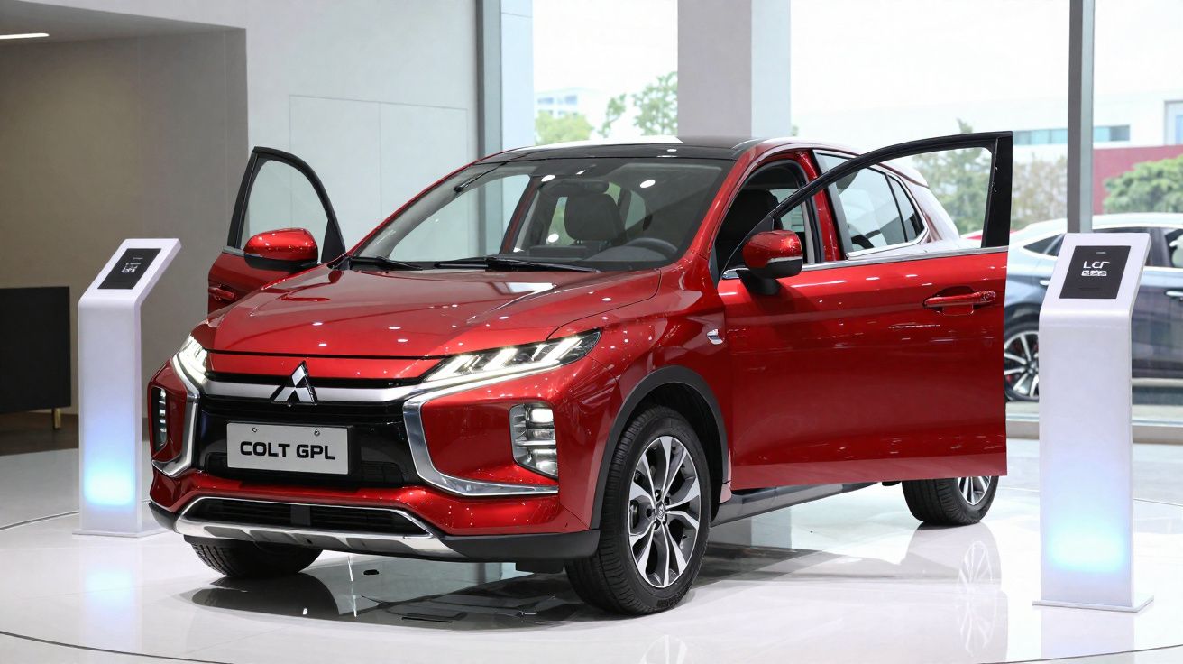 Carro vermelho Mitsubishi Colt GPL em exposição, portas dianteiras abertas, em ambiente moderno e iluminado.