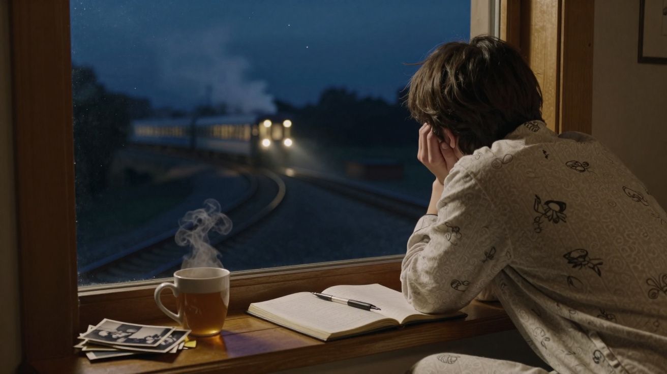 Pessoa de pijama observa comboio a chegar numa linha férrea ao anoitecer, com chá quente e caderno junto à janela.