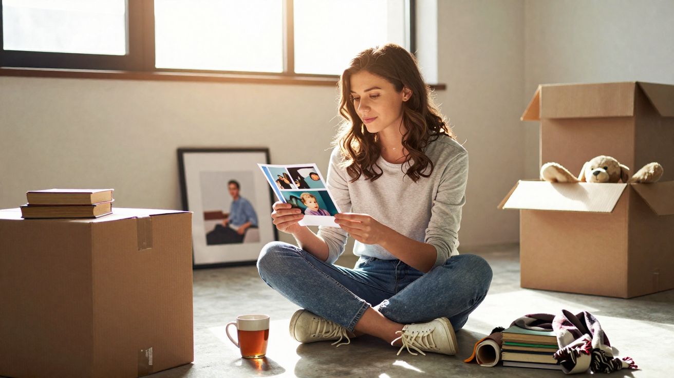Mulher sentada no chão de uma nova casa a olhar fotografias, rodeada de caixas e objetos pessoais.