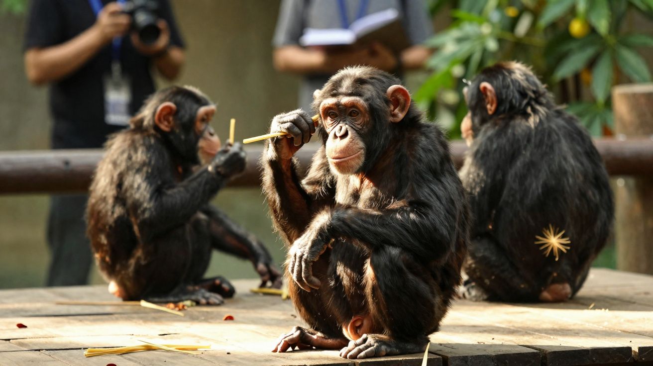 Três chimpanzés jovens sentados numa plataforma de madeira, um deles segurando um graveto junto à cabeça.