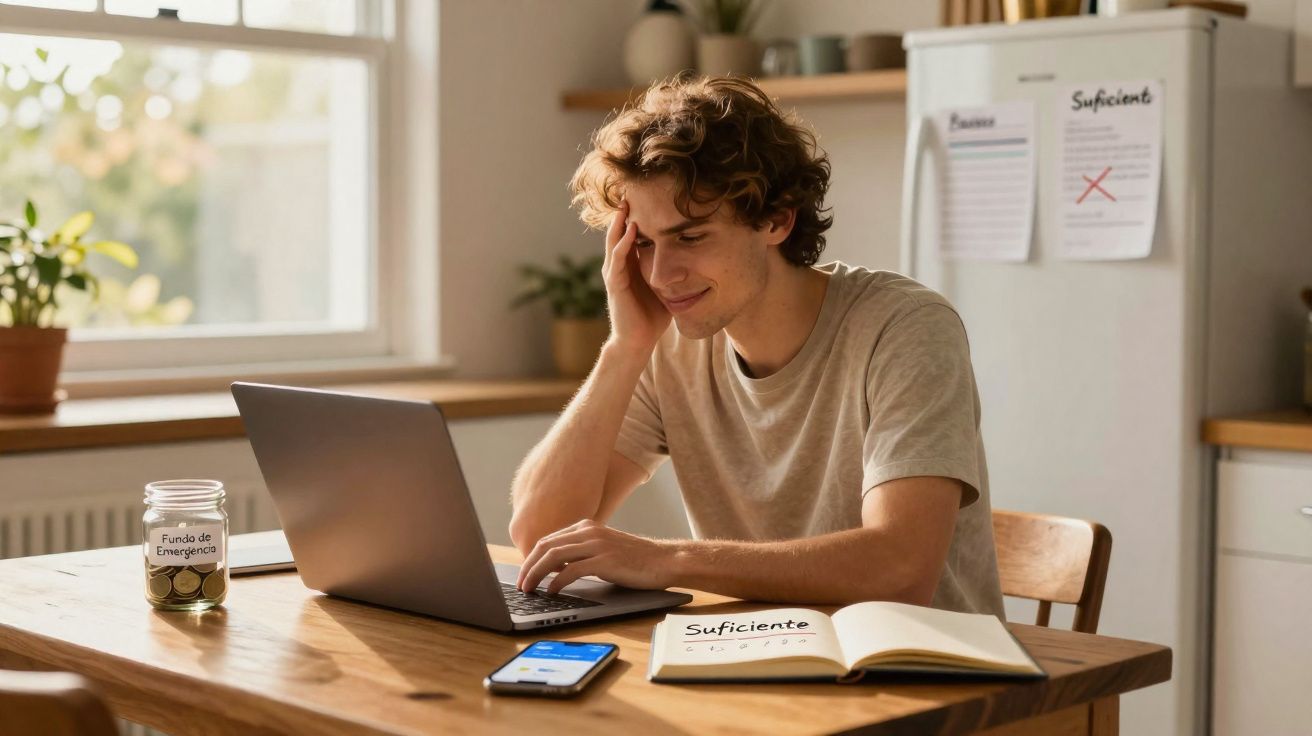 Homem jovem sentado à mesa a usar portátil, com jarro de moedas e caderno numa cozinha iluminada.