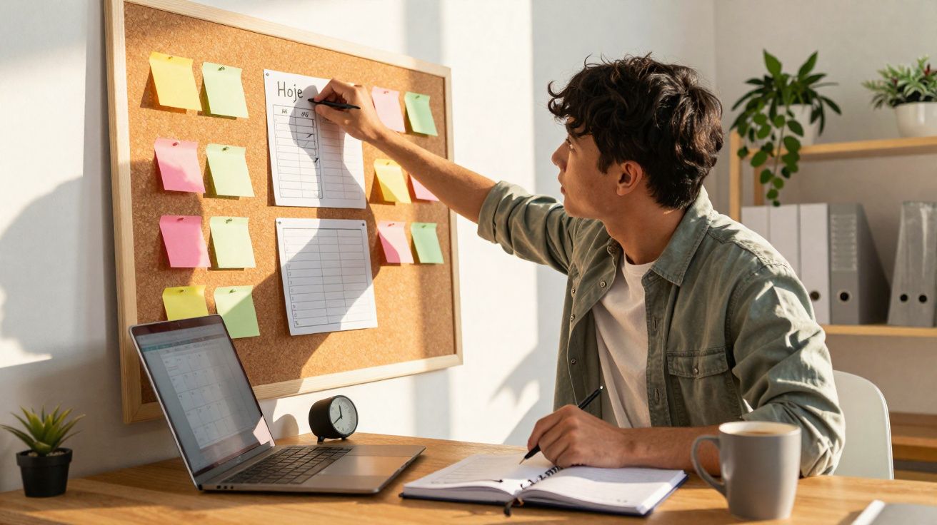 Jovem a escrever em quadro de cortiça com notas adesivas, computador e caderno numa mesa de escritório.