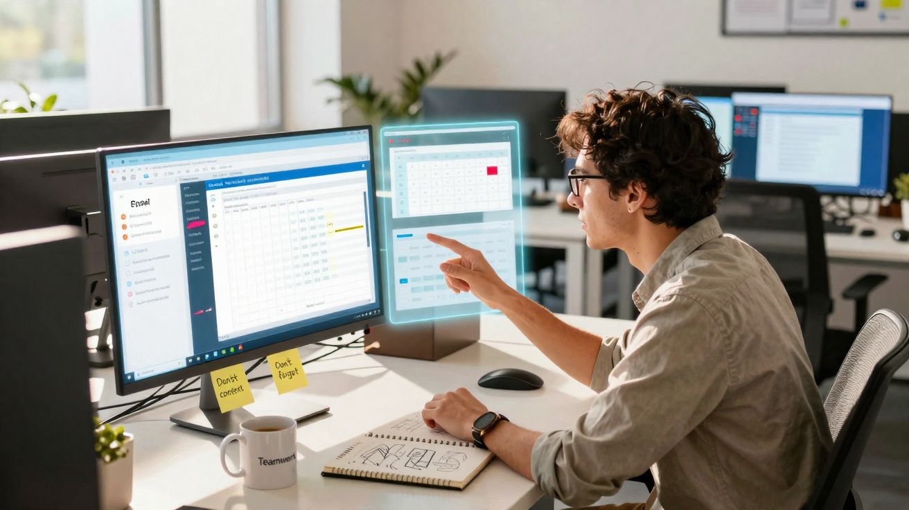 Homem a trabalhar com dois monitores e interface digital futurista numa mesa de escritório moderna.