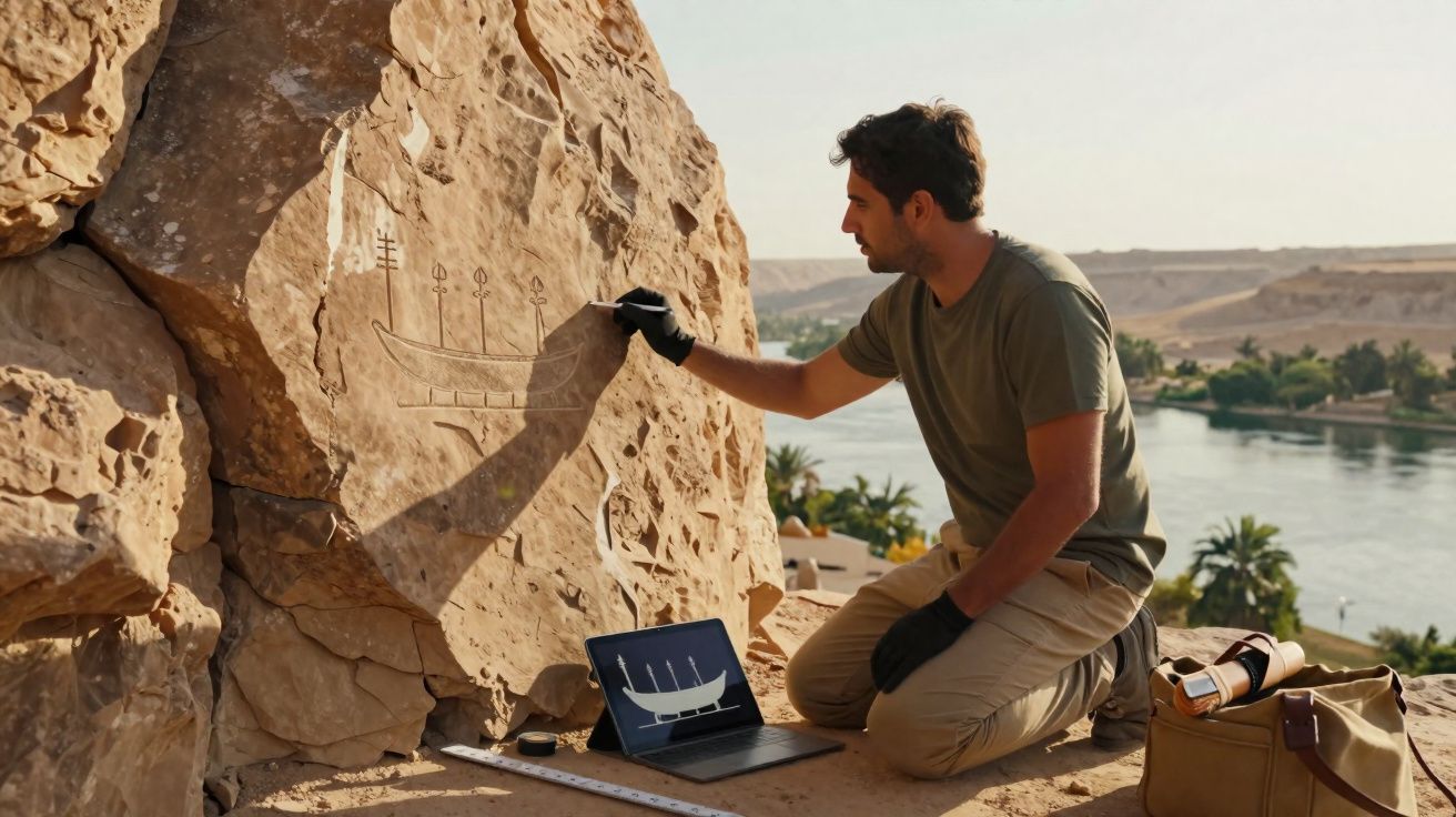 Homem a examinar gravuras rupestres de um barco num penedo junto a um rio, com portátil aberto ao lado.