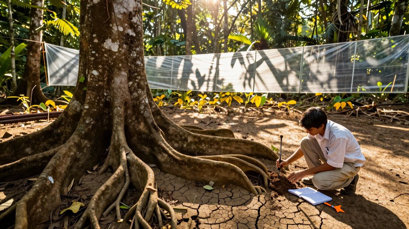 Homem examina raiz de árvore grande numa floresta com solo seco e rachado ao sol da manhã.