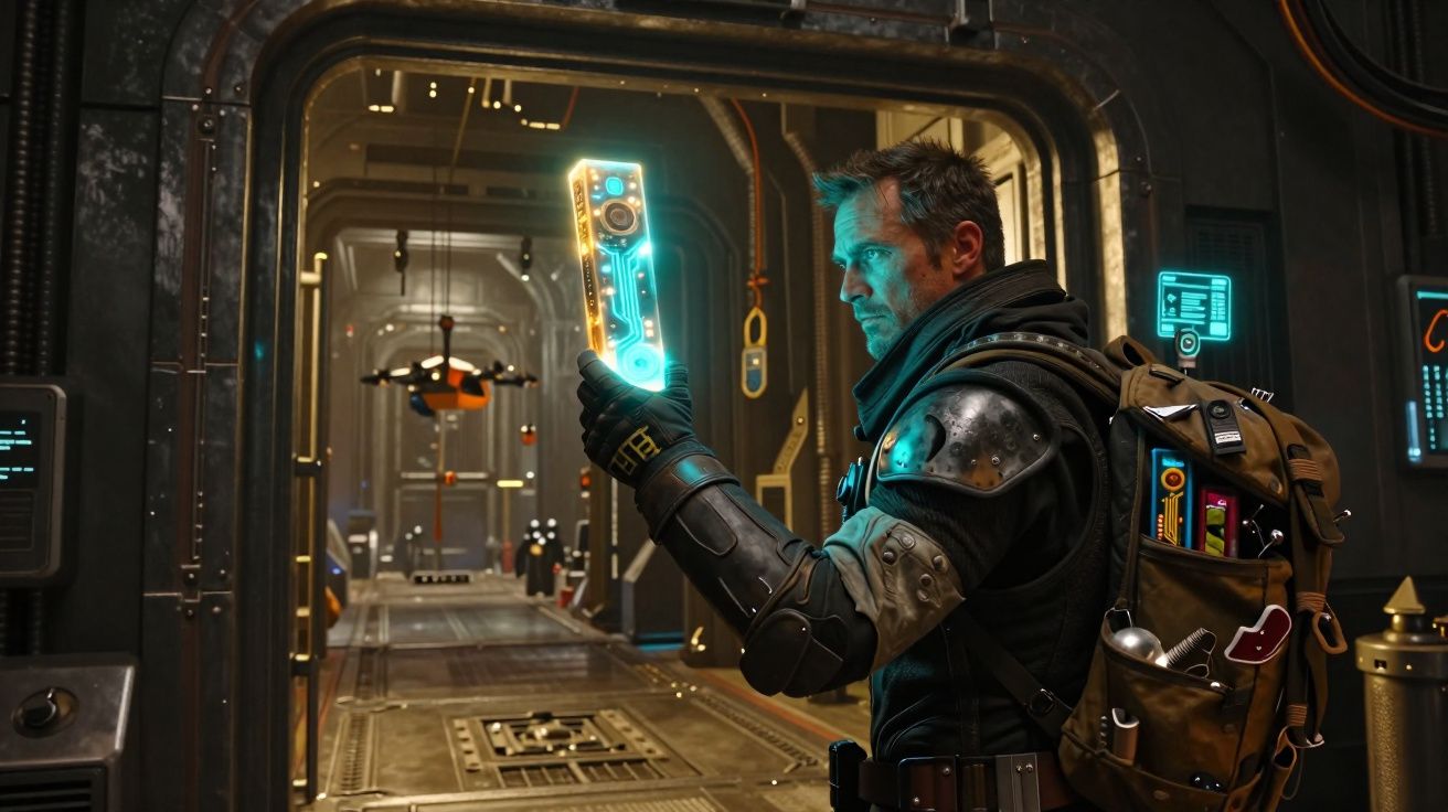 Homem com equipamento futurista segura dispositivo luminoso numa nave espacial tecnológica.