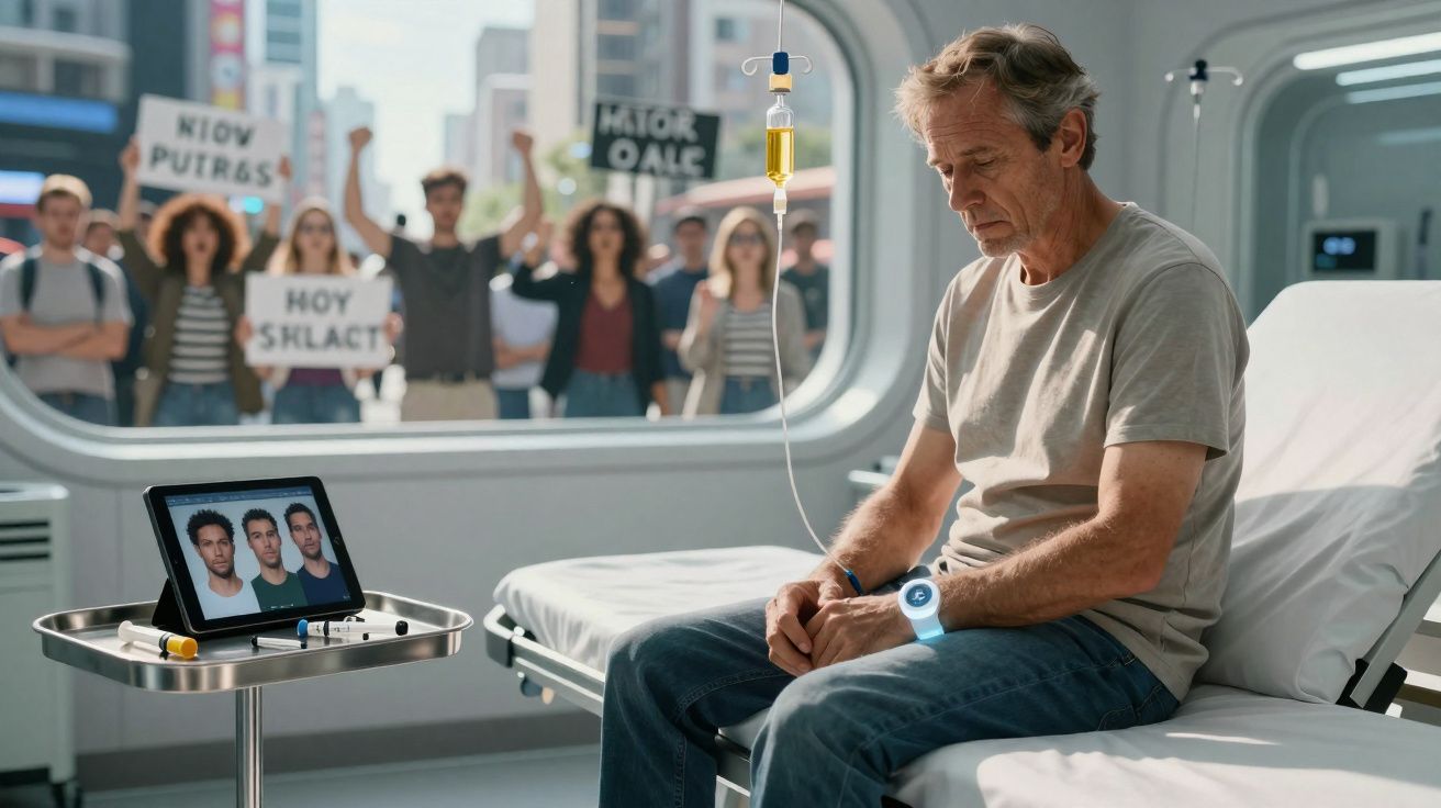 Homem idoso sentado na cama do hospital, olhando para baixo, com grupo protestando do lado de fora.