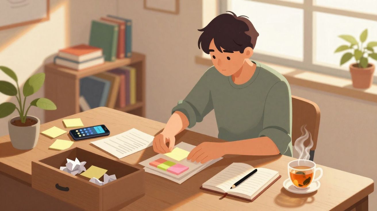 Pessoa a estudar com notas adesivas, bloco, telemóvel, chá quente e plantas num ambiente iluminado.