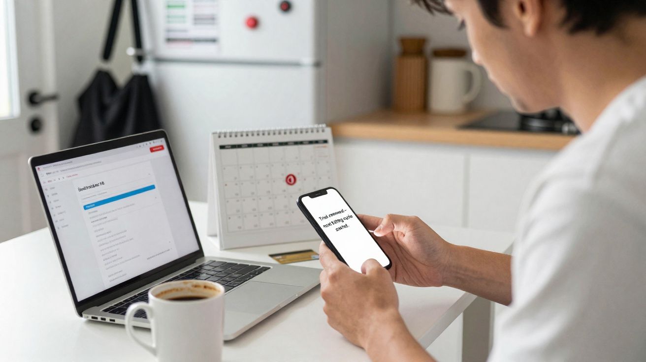Pessoa a ver mensagem de reunião agendada no telemóvel com portátil, calendário e café numa mesa.