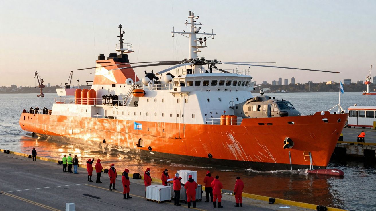 Navio de pesquisas laranja e branco atracado com helicóptero no convés e pessoas com fato vermelho na doca.
