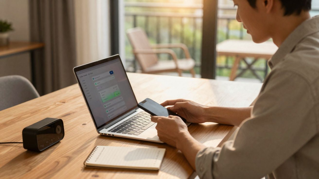 Pessoa a usar smartphone e computador portátil numa mesa de madeira, com um caderno e rádio próximo.
