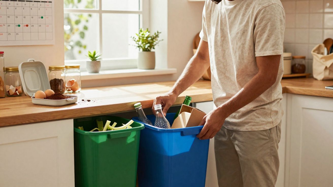 Pessoa a separar resíduos recicláveis em contentores azuis e verdes numa cozinha iluminada por luz natural.