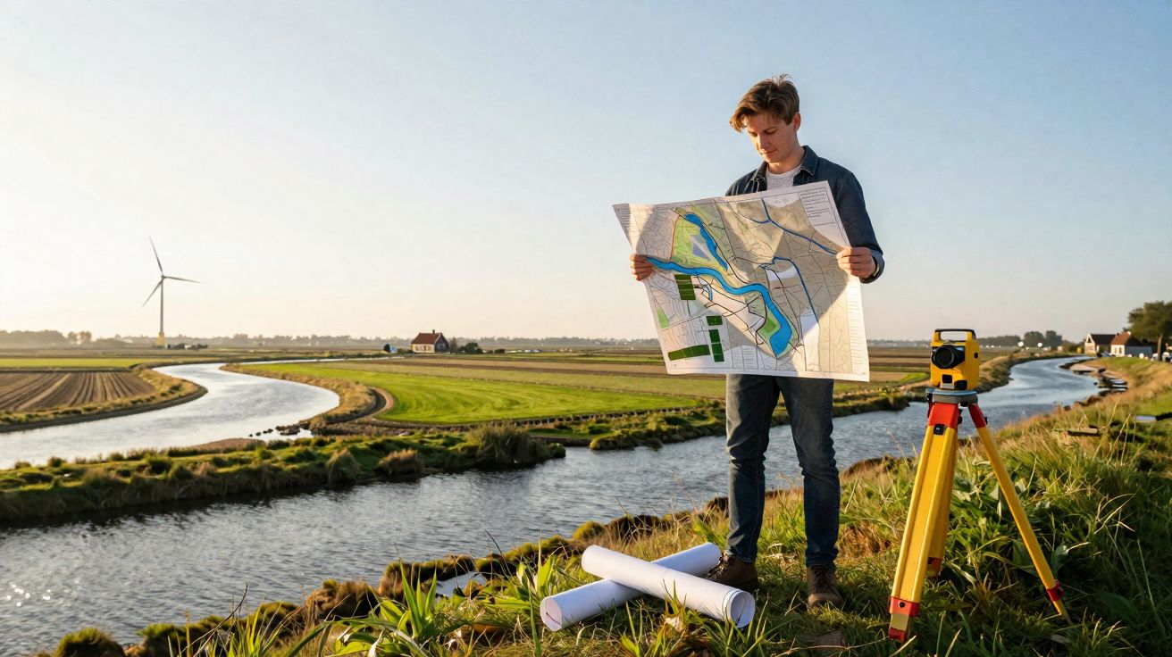 Homem jovem estuda planta topográfica junto a rio e equipamentos de medição em campo aberto.
