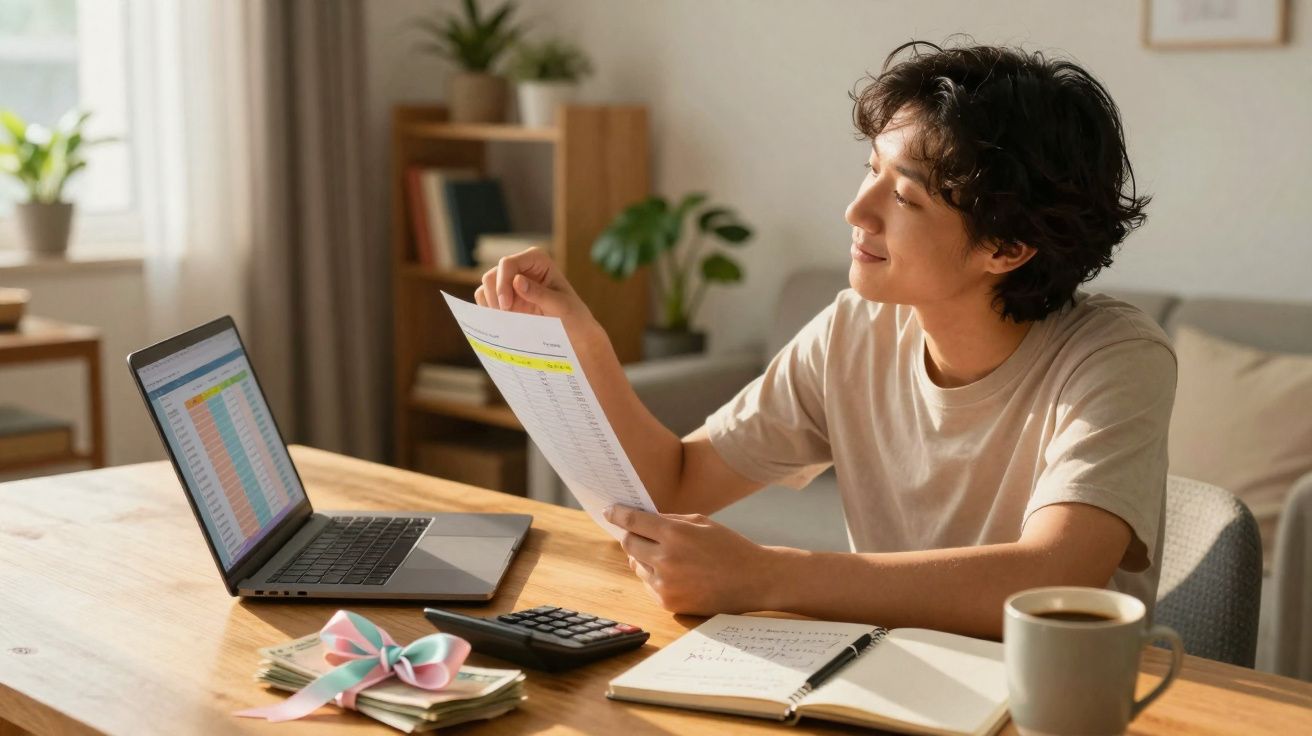Pessoa jovem a analisar documentos à frente de computador, com calculadora, caderno e café numa mesa de madeira.