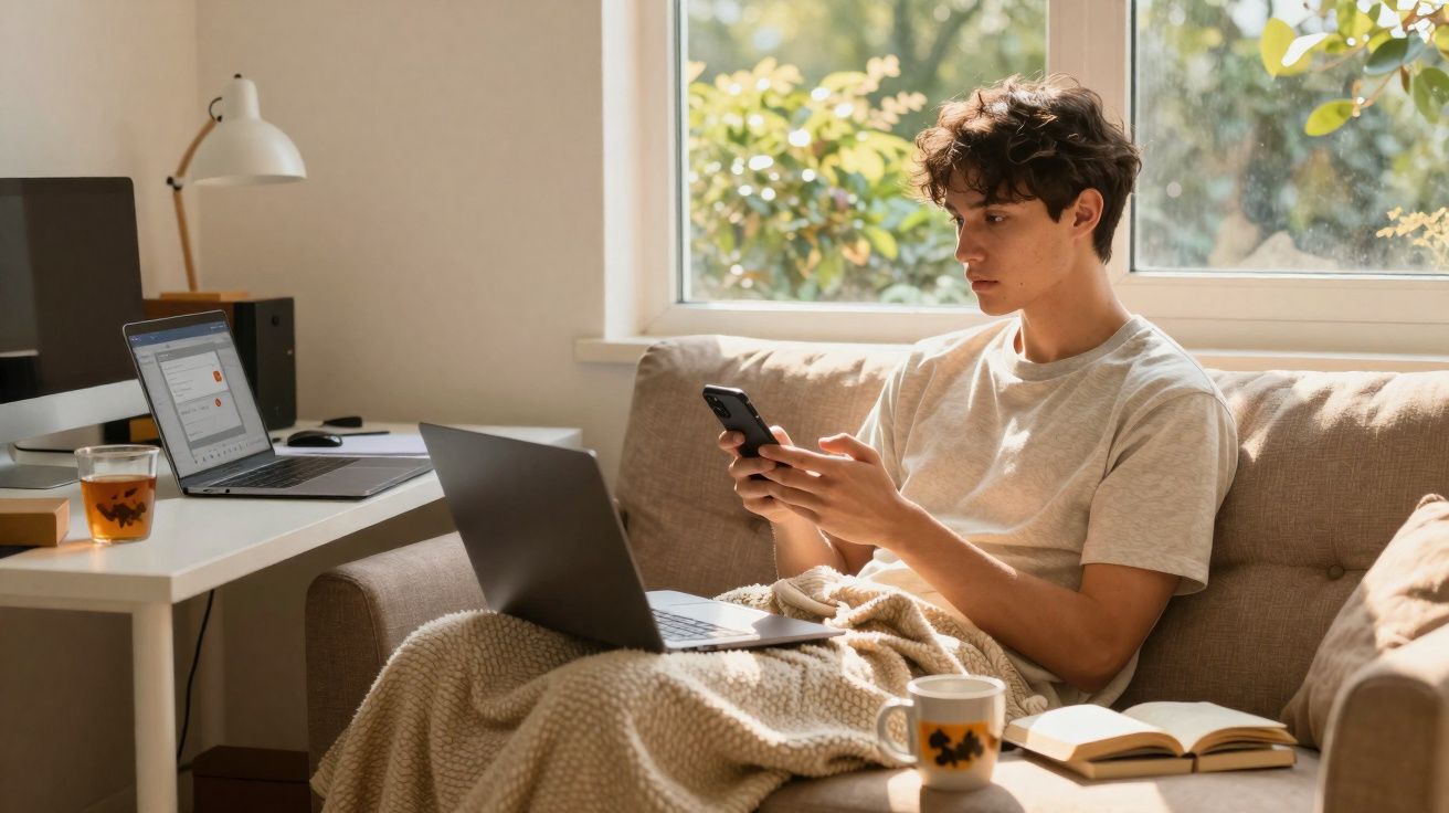 Jovem sentado no sofá com computador portátil e telemóvel, ao lado de mesa com outro computador e chá.