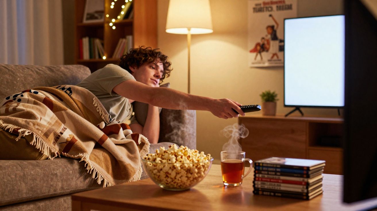 Jovem deitado no sofá com manta, controlando a TV, com bowl de pipocas e chá numa sala acolhedora à noite.