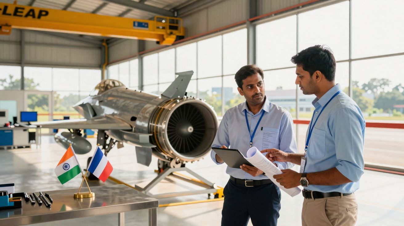 Dois engenheiros discutem documentos junto a um motor de avião num hangar, com bandeiras da Índia e França na mesa.