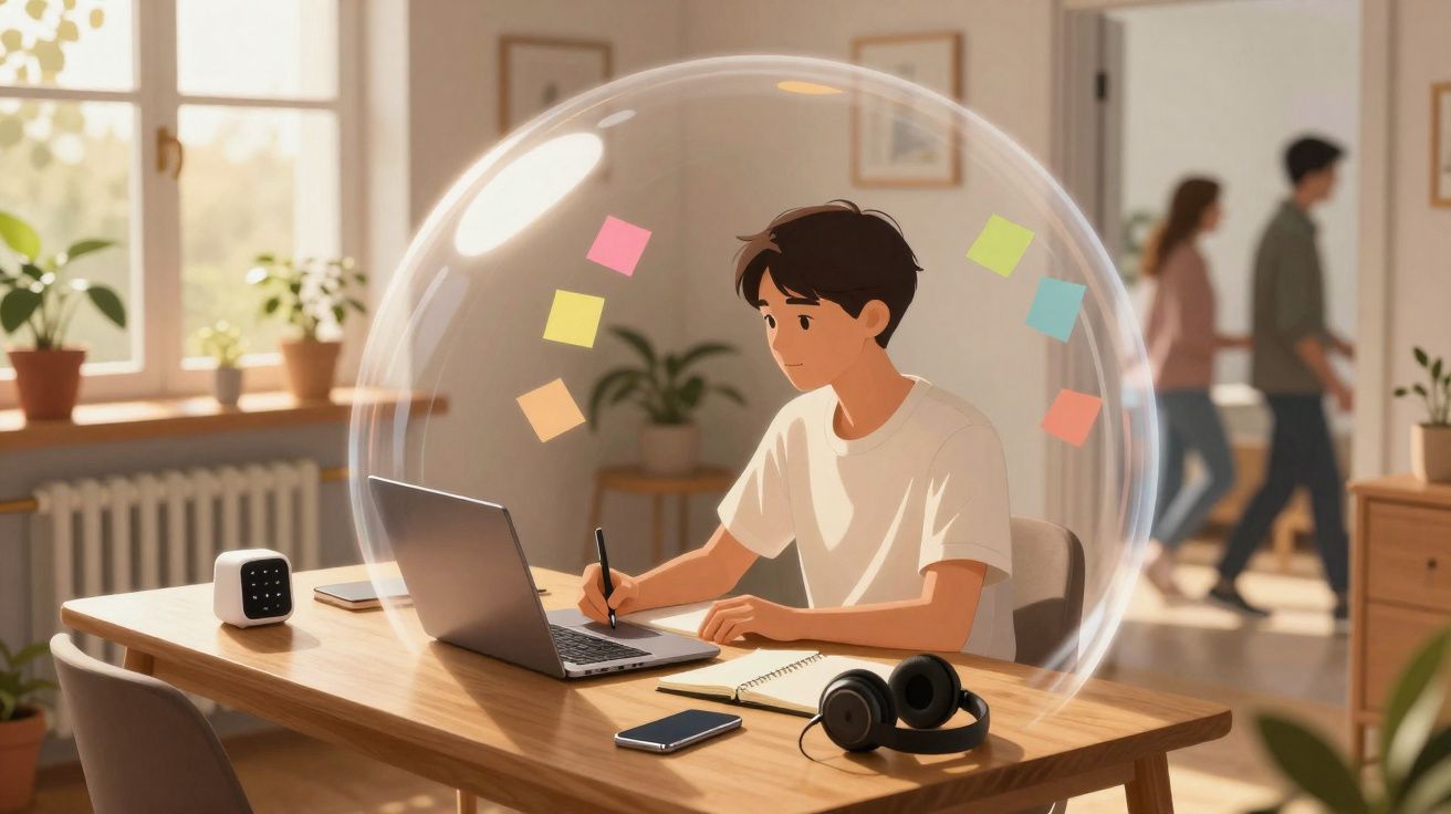 Jovem a estudar num ambiente protegido por uma bolha transparente numa mesa com computador e cadernos.