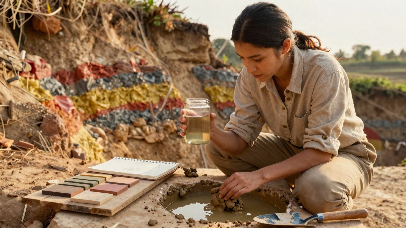 Mulher a moldar barro junto a amostras de cores e um caderno, numa escavação arqueológica ao ar livre.