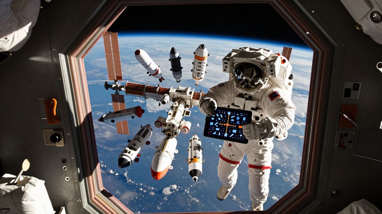 Astronauta em fato espacial flutua no espaço próximo a estação espacial com a Terra visível ao fundo.