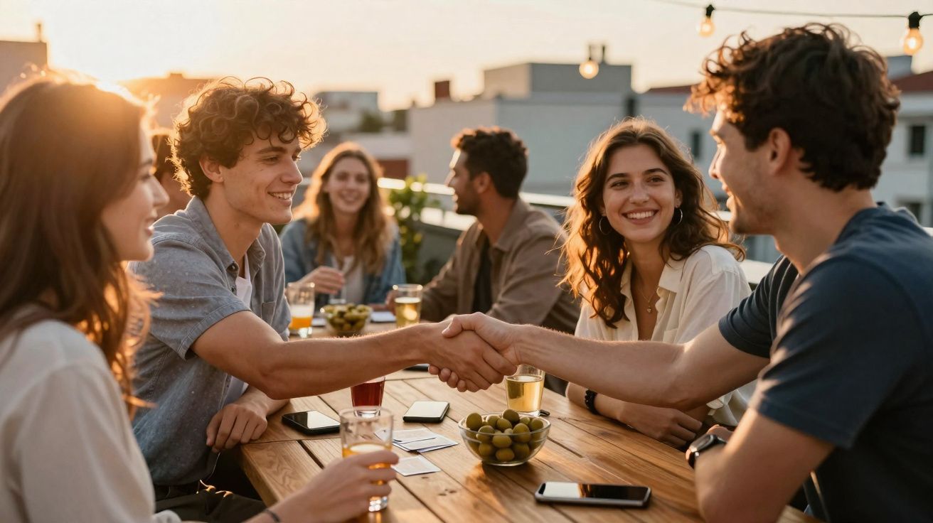 Jovens a cumprimentar-se com aperto de mãos numa reunião informal à mesa ao pôr do sol.