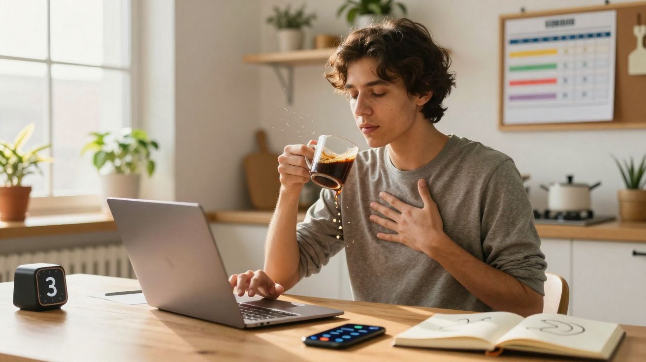 Jovem sentado numa mesa a beber café e a usar um computador portátil numa cozinha iluminada.