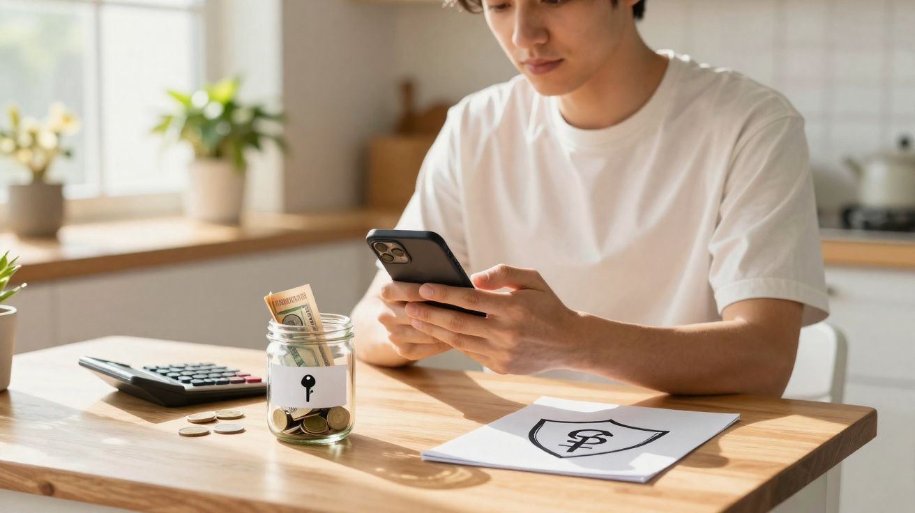 Jovem a usar telemóvel junto a frasco com dinheiro, calculadora e documento com símbolo de seguro numa mesa.