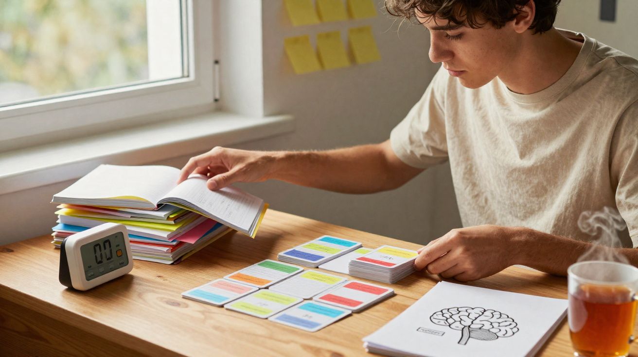 Jovem a estudar com cartões de estudo coloridos, livro aberto e chá numa mesa junto à janela.
