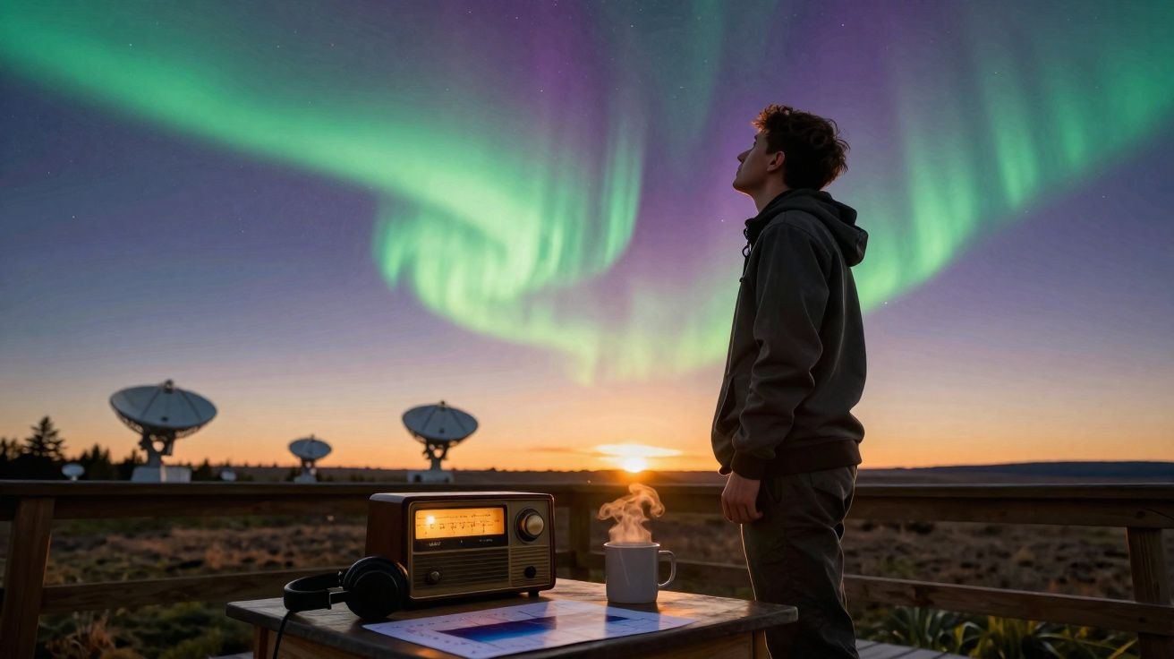 Homem observa aurora boreal ao pôr do sol, com rádio antigo, chá quente e antenas parabólicas ao fundo.