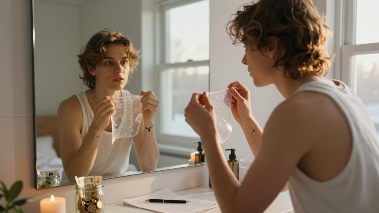 Pessoa jovem a segurar uma máscara de rosto transparente diante de um espelho iluminado na casa de banho.