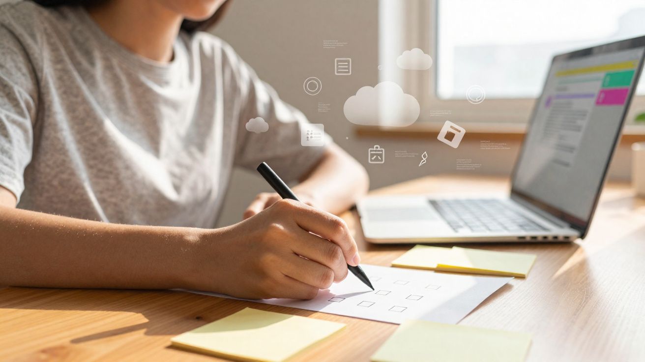 Pessoa a preencher formulário em papel com caneta num ambiente de trabalho com computador portátil.