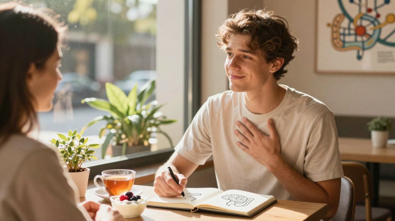 Jovem com expressão de gratidão conversa e desenha num caderno com chá e sobremesa numa mesa em café.