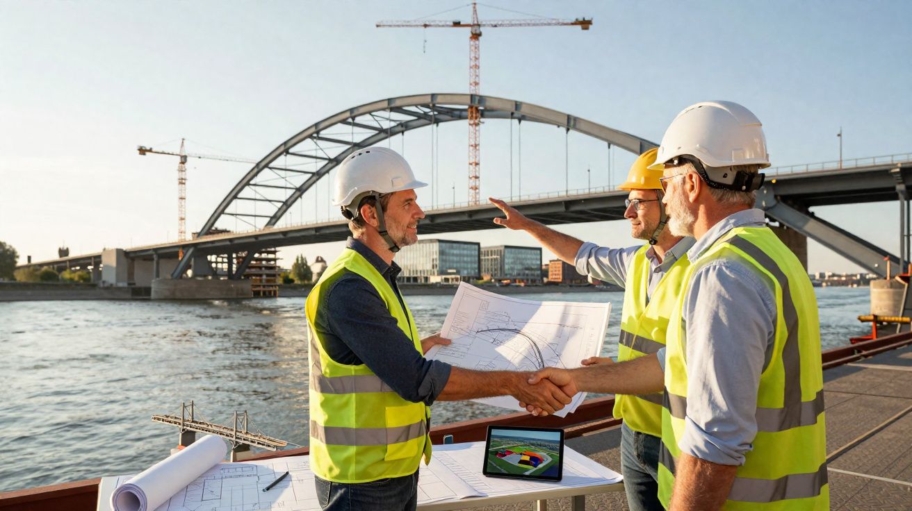 Três engenheiros com capacetes e coletes refletores discutem planos junto a uma ponte em construção.