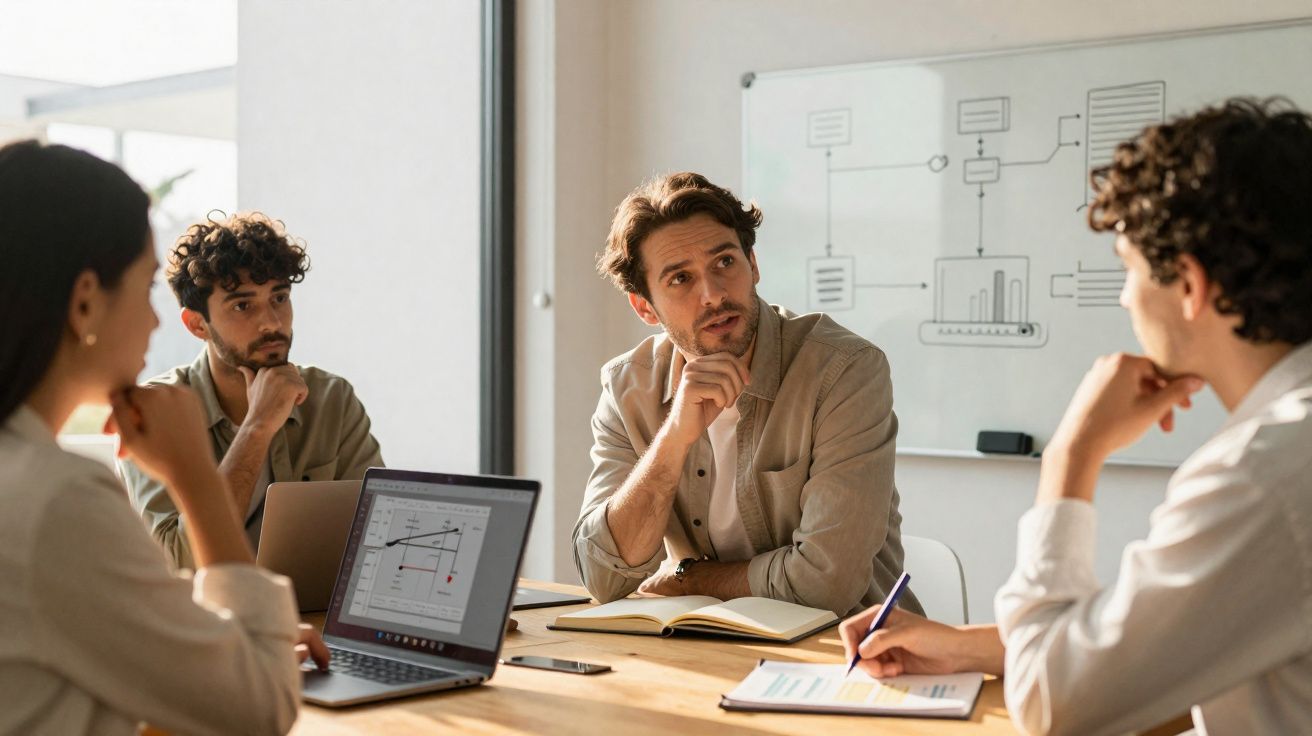 Quatro pessoas em reunião de trabalho numa sala com gráfico num computador e quadro branco ao fundo.