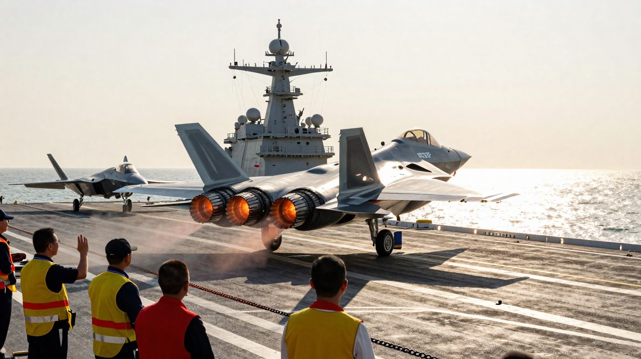 Caça militar com motores a jato acionados a preparar descolagem em porta-aviões visto ao pôr do sol.