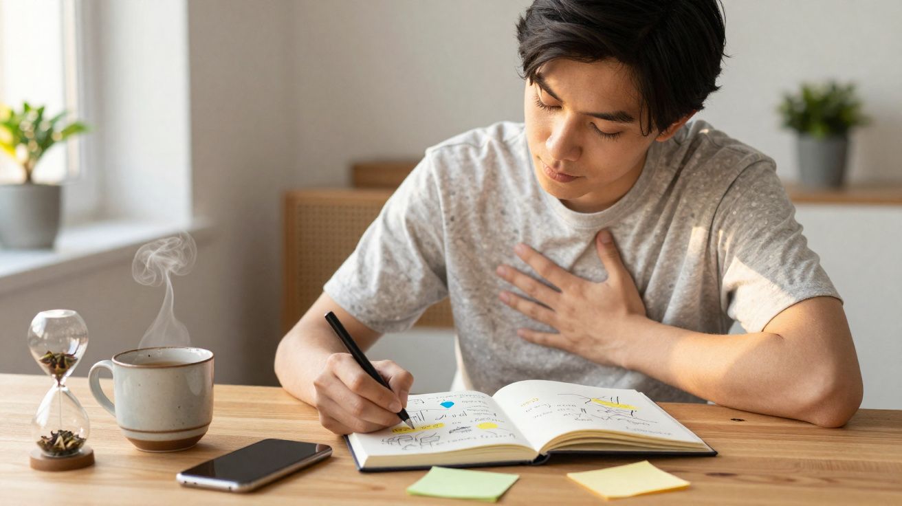 Homem a escrever num caderno a sua frente, com chá quente, telemóvel e ampulheta numa mesa de madeira.