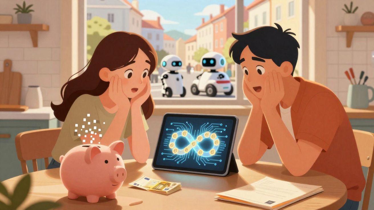 Casal surpreendido com tecnologia blockchain mostrada num tablet, com mealheiro e notas na mesa e robôs na rua.