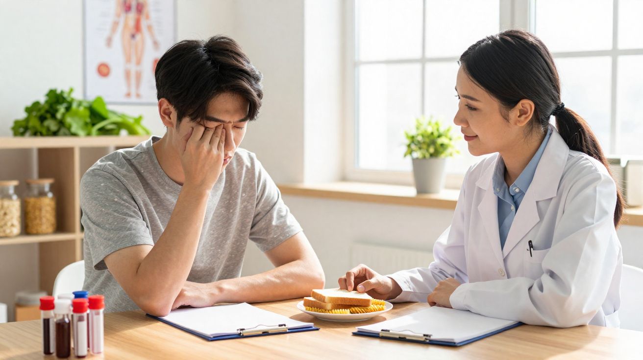 Paciente com dor na cabeça consulta médica com nutricionista que lhe apresenta alimentos saudáveis.