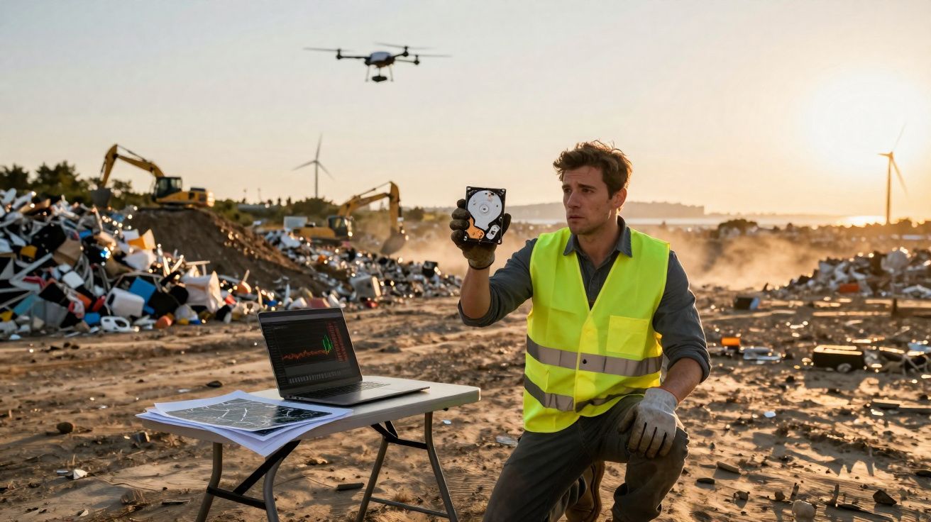 Homem com colete refletor em aterro industrial segura disco rígido, com drone, computador e maquinaria ao fundo.