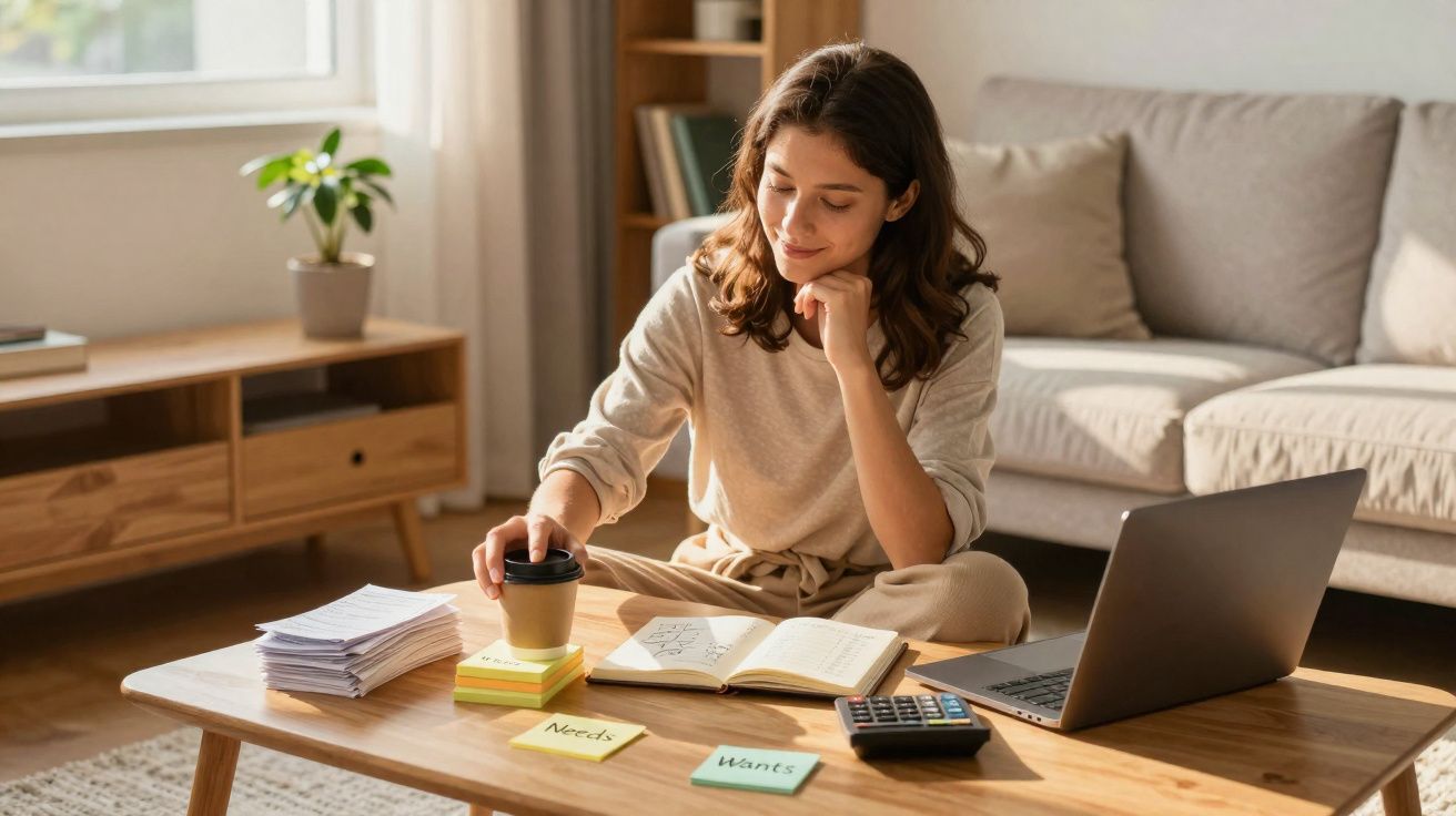 Mulher jovem a trabalhar em casa, sentada no chão com notas, calculadora, portátil e café à sua frente.