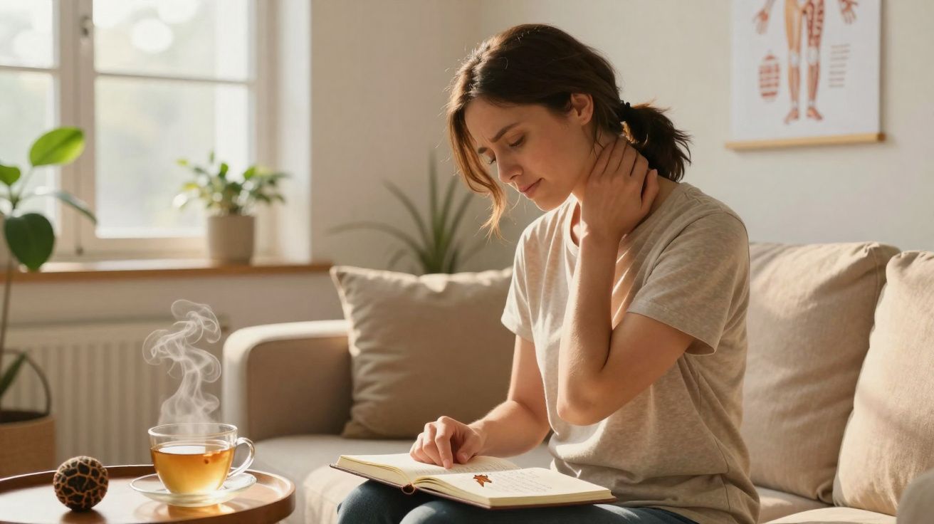 Mulher sentada no sofá a ler um livro, massageando o pescoço, com chá quente numa mesa ao lado.