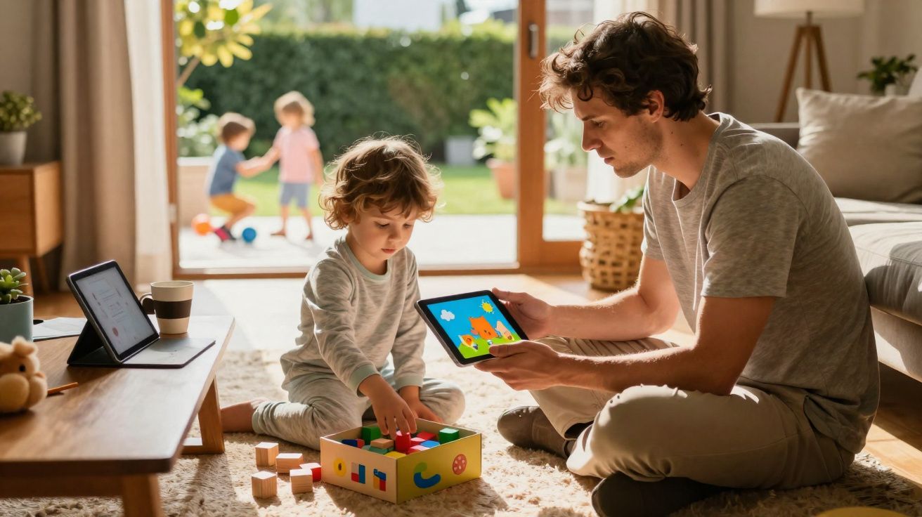 Pai e filho a brincar no chão da sala com tablet e brinquedos de madeira, enquanto duas crianças jogam no jardim.