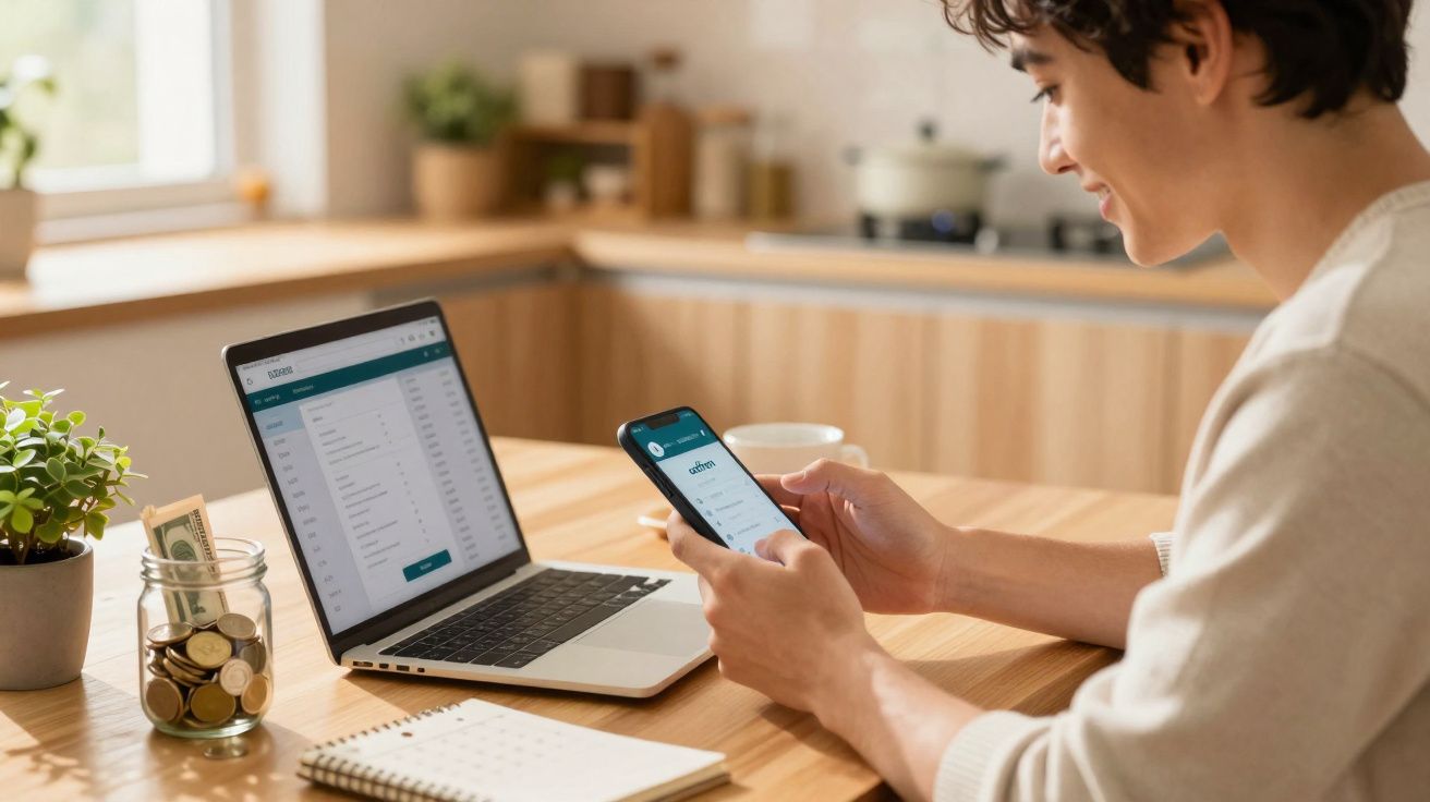 Pessoa a usar telemóvel e computador portátil numa cozinha, com caderno, planta e mealheiro na mesa.