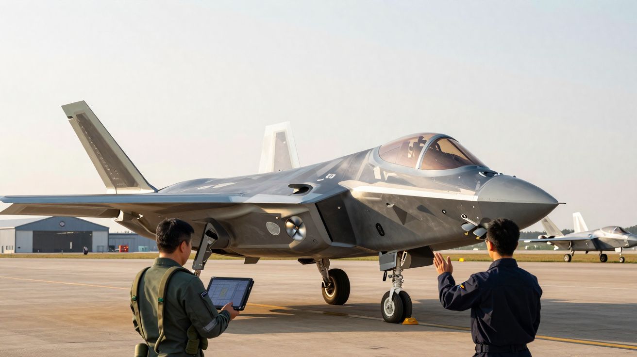 Dois técnicos com ecrãs orientam jato militar moderno na pista de um aeródromo ao amanhecer.