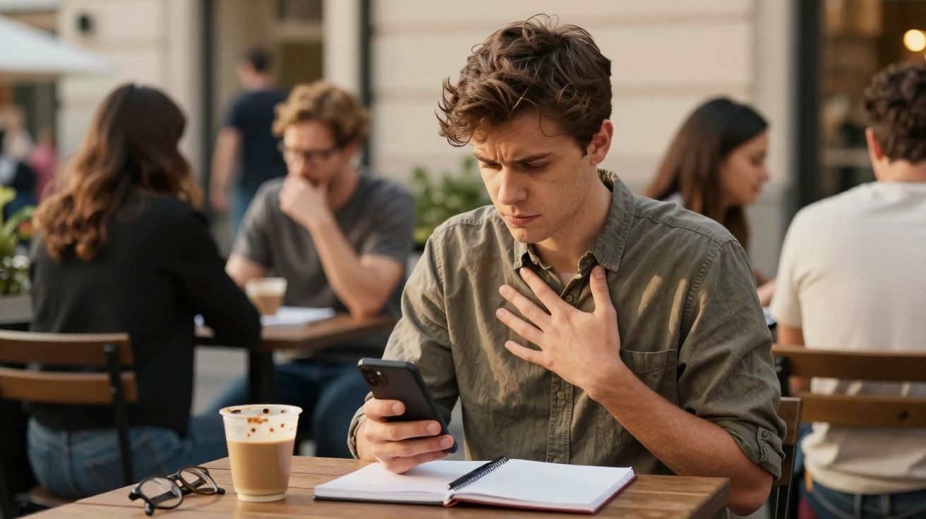 Jovem preocupado olha para o telemóvel enquanto está sentado numa esplanada com caderno e café.