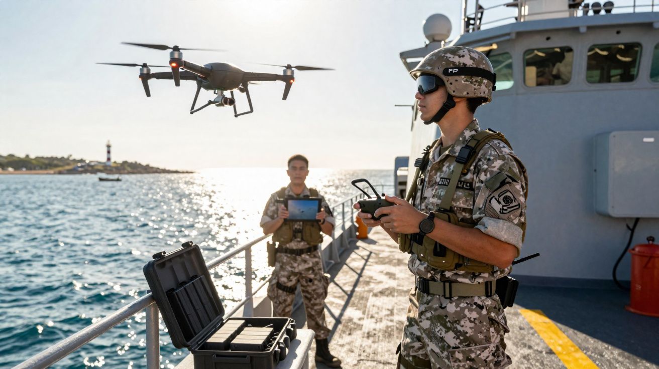 Dois militares em uniforme camuflado operam e monitorizam um drone a bordo de um navio no mar.